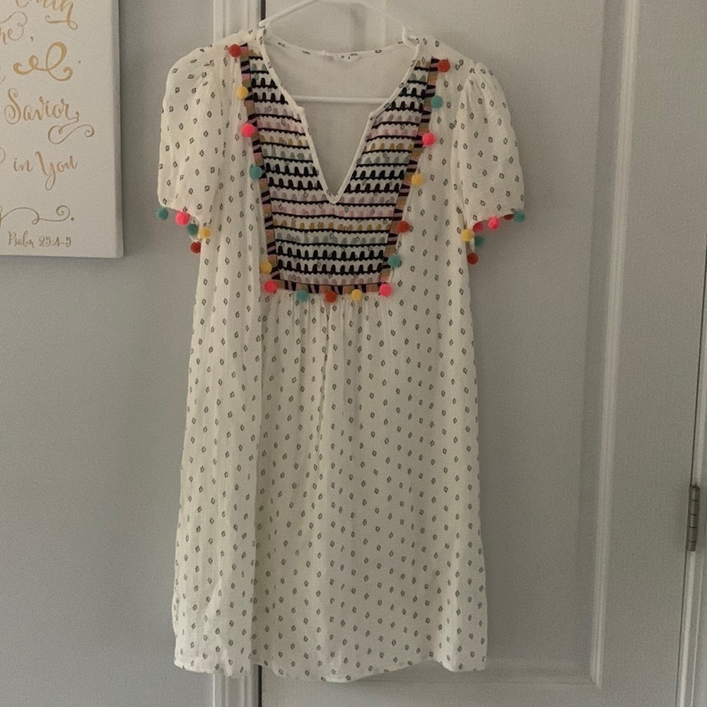 THML PomPom Short Dress XS bohemian floral multicolored festive beach white